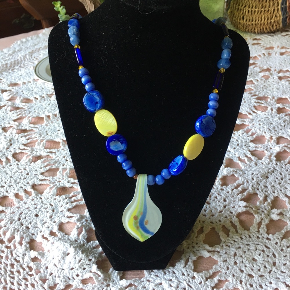 Blue and Yellow Beaded Necklace Glass